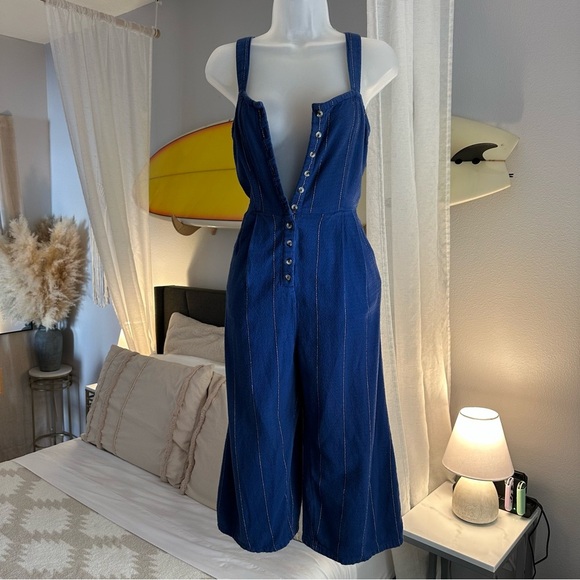 Billabong Paint The Town Wide-leg Button-Down Cropped Jumpsuit in Blue Stripe, M - Picture 5 of 14
